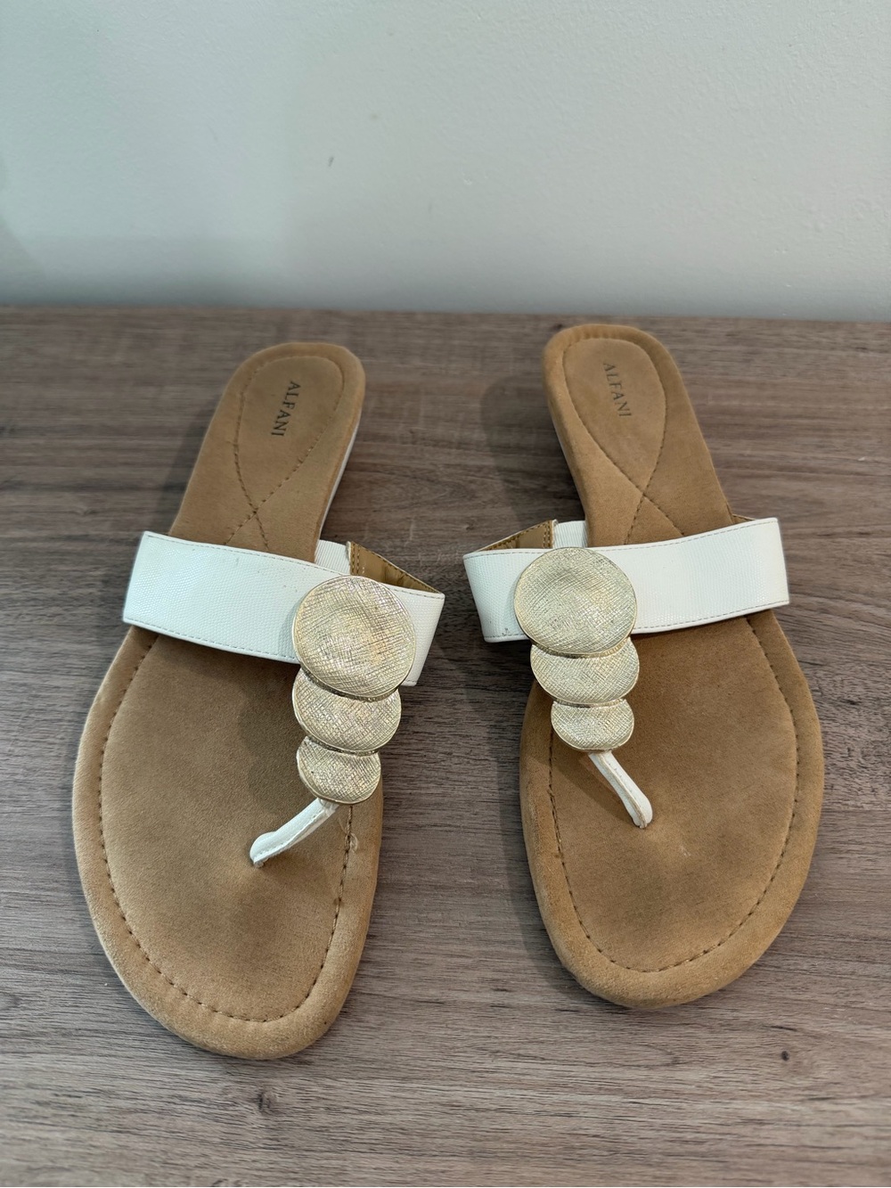 Alfani White and Tan Embellished Thong Sandals with Gold Accents